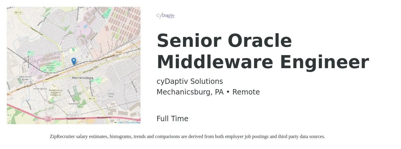 cyDaptiv Solutions job posting for a Senior Oracle Middleware Engineer in Mechanicsburg, PA with a salary of $145,000 Yearly with a map of Mechanicsburg location.