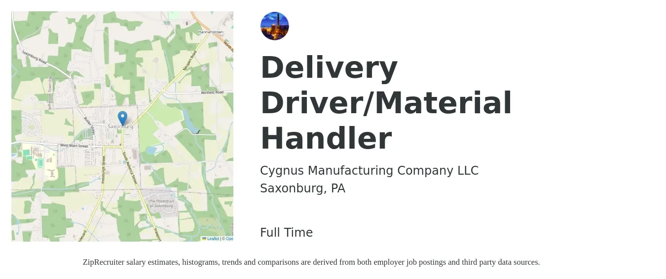 Cygnus Manufacturing Company LLC job posting for a Delivery Driver/Material Handler in Saxonburg, PA with a salary of $17 to $20 Hourly with a map of Saxonburg location.