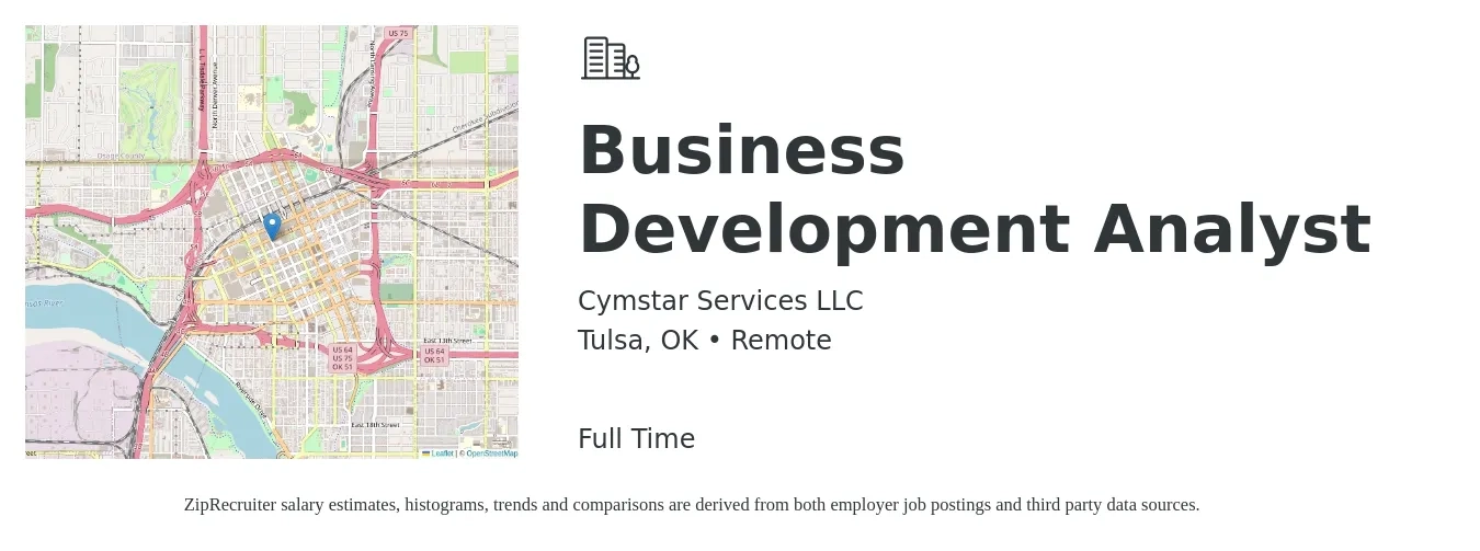 Cymstar Services LLC job posting for a Business Development Analyst in Tulsa, OK with a salary of $57,000 to $87,200 Yearly with a map of Tulsa location.