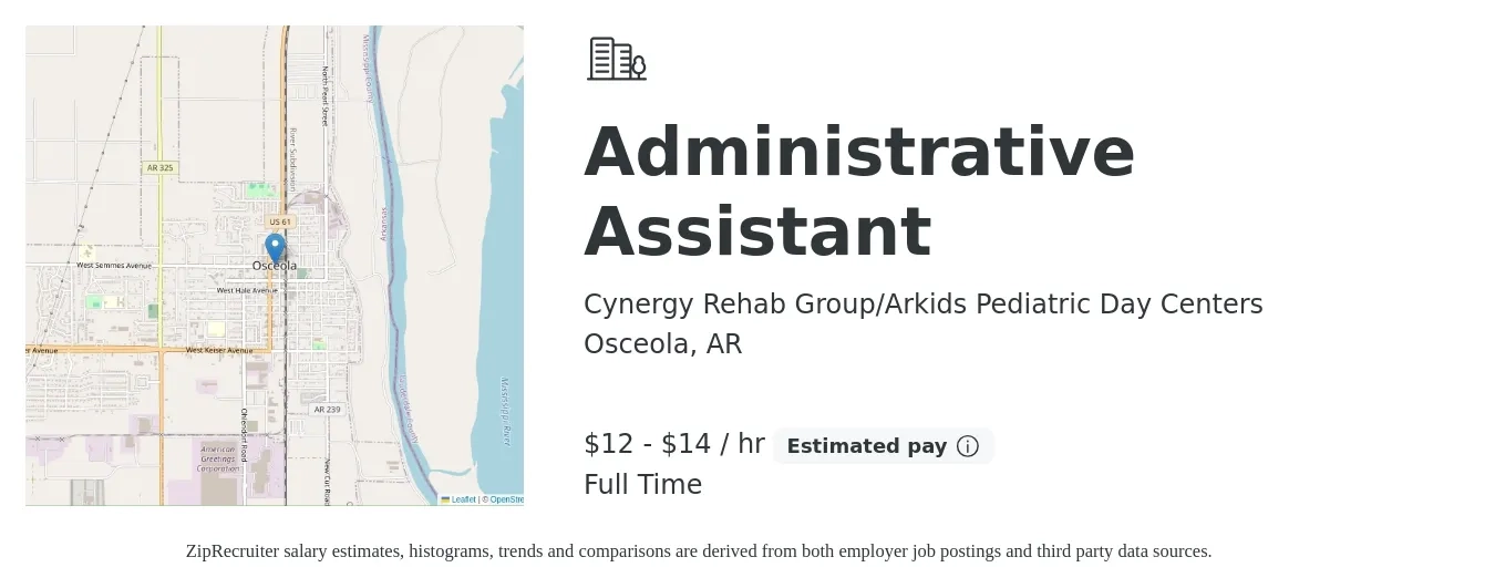 Cynergy Rehab Group/Arkids Pediatric Day Centers job posting for a Administrative Assistant in Osceola, AR with a salary of $13 to $15 Hourly with a map of Osceola location.