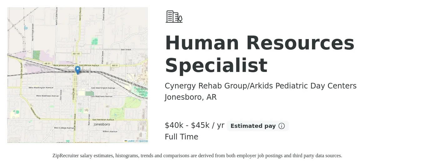 Cynergy Rehab Group/Arkids Pediatric Day Centers job posting for a Human Resources Specialist in Jonesboro, AR with a salary of $40,000 to $45,000 Yearly with a map of Jonesboro location.