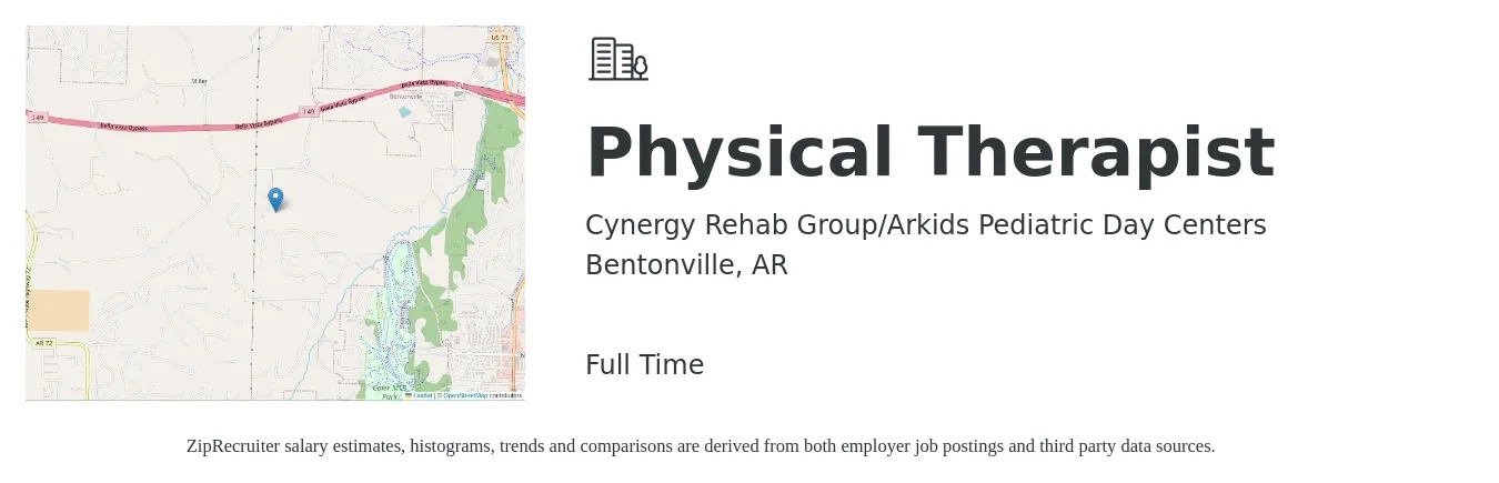 Cynergy Rehab Group/Arkids Pediatric Day Centers job posting for a Physical Therapist in Bentonville, AR with a salary of $1,460 to $1,880 Weekly with a map of Bentonville location.