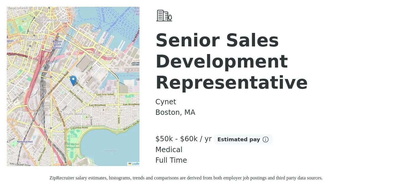 Cynet job posting for a Senior Sales Development Representative in Boston, MA with a salary of $50,000 to $60,000 Yearly (plus commission) and benefits including medical, pto, and retirement with a map of Boston location.