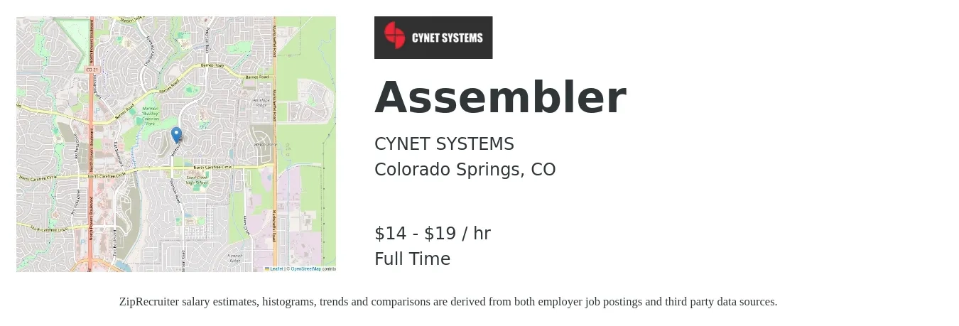 CYNET SYSTEMS job posting for a Assembler in Colorado Springs, CO with a salary of $15 to $20 Hourly with a map of Colorado Springs location.