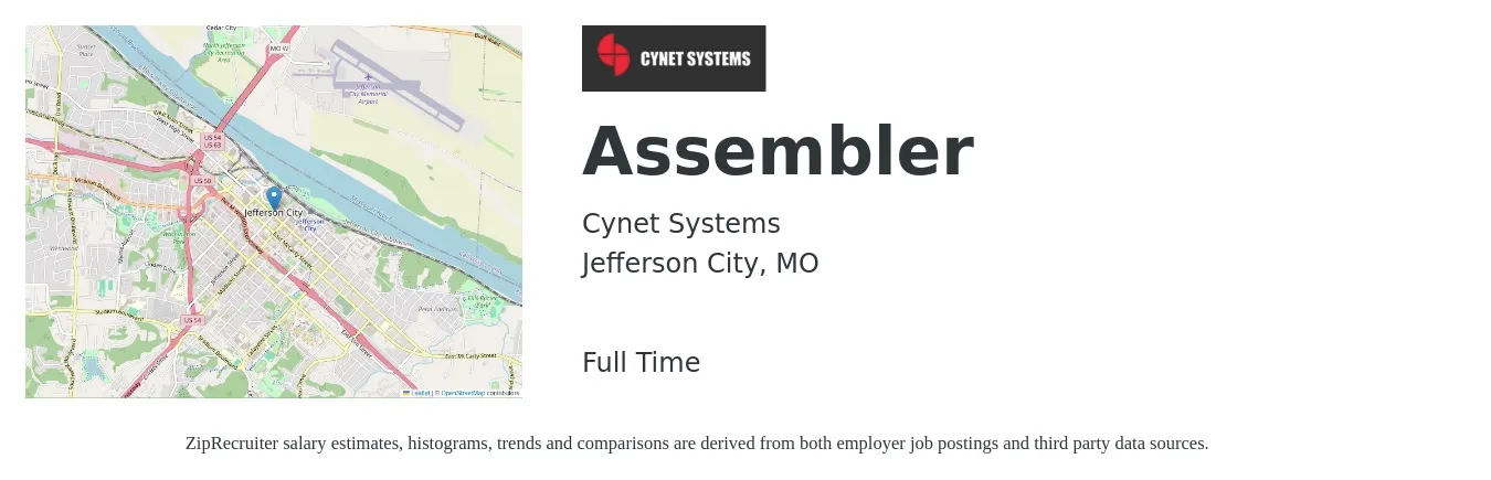 CYNET SYSTEMS job posting for a Assembler in Jefferson City, MO with a salary of $15 to $19 Hourly with a map of Jefferson City location.