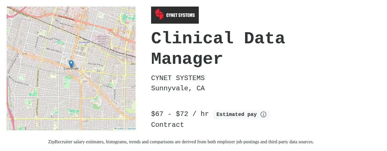 CYNET SYSTEMS job posting for a Clinical Data Manager in Sunnyvale, CA with a salary of $70 to $75 Hourly with a map of Sunnyvale location.