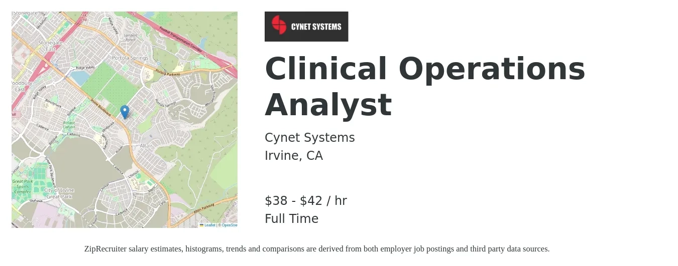 CYNET SYSTEMS job posting for a Clinical Operations Analyst in Irvine, CA with a salary of $40 to $44 Hourly with a map of Irvine location.
