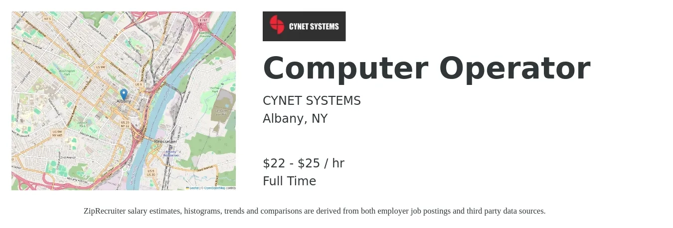 CYNET SYSTEMS job posting for a Computer Operator in Albany, NY with a salary of $23 to $26 Hourly with a map of Albany location.