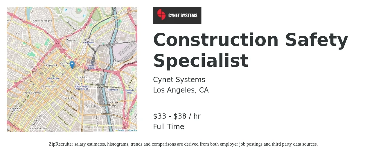 Cynet Systems job posting for a Construction Safety Specialist in Los Angeles, CA with a salary of $35 to $42 Hourly and benefits including dental, life_insurance, and medical with a map of Los Angeles location.