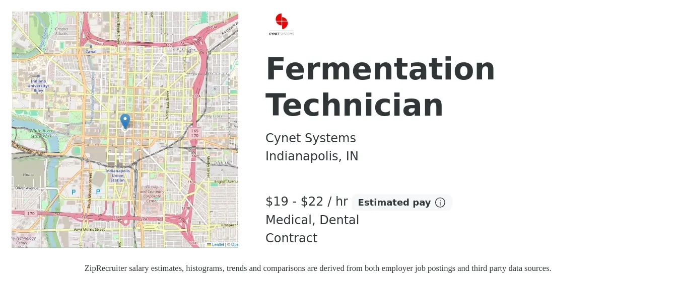 Cynet Systems job posting for a Fermentation Technician in Indianapolis, IN with a salary of $20 to $23 Hourly with a map of Indianapolis location.