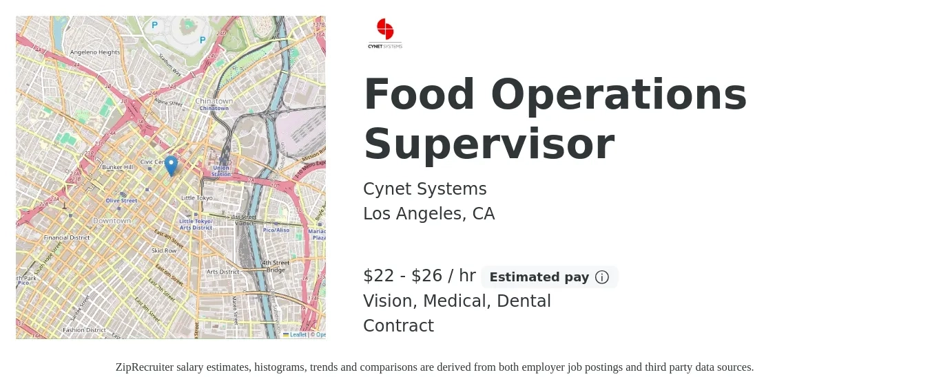 CYNET SYSTEMS job posting for a Food Operations Supervisor in Los Angeles, CA with a salary of $23 to $28 Hourly with a map of Los Angeles location.