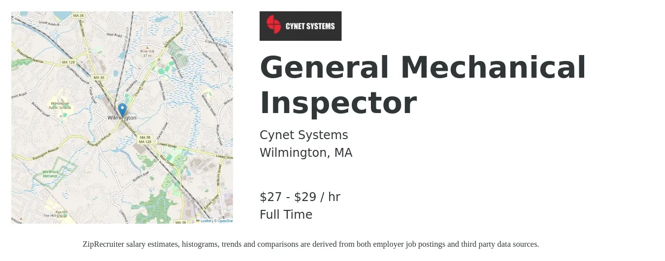 CYNET SYSTEMS job posting for a General Mechanical Inspector in Wilmington, MA with a salary of $29 to $31 Hourly with a map of Wilmington location.
