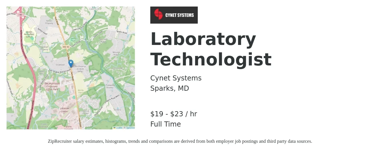CYNET SYSTEMS job posting for a Laboratory Technologist in Sparks, MD with a salary of $20 to $24 Hourly with a map of Sparks location.