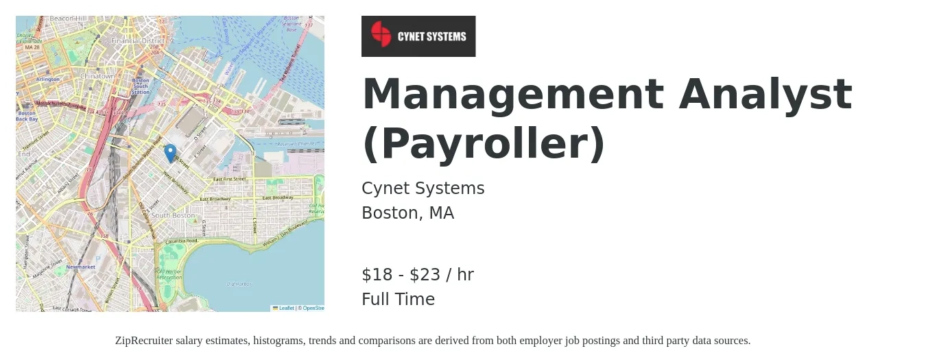 Cynet Systems job posting for a Management Analyst (Payroller) in Boston, MA with a salary of $19 to $24 Hourly with a map of Boston location.