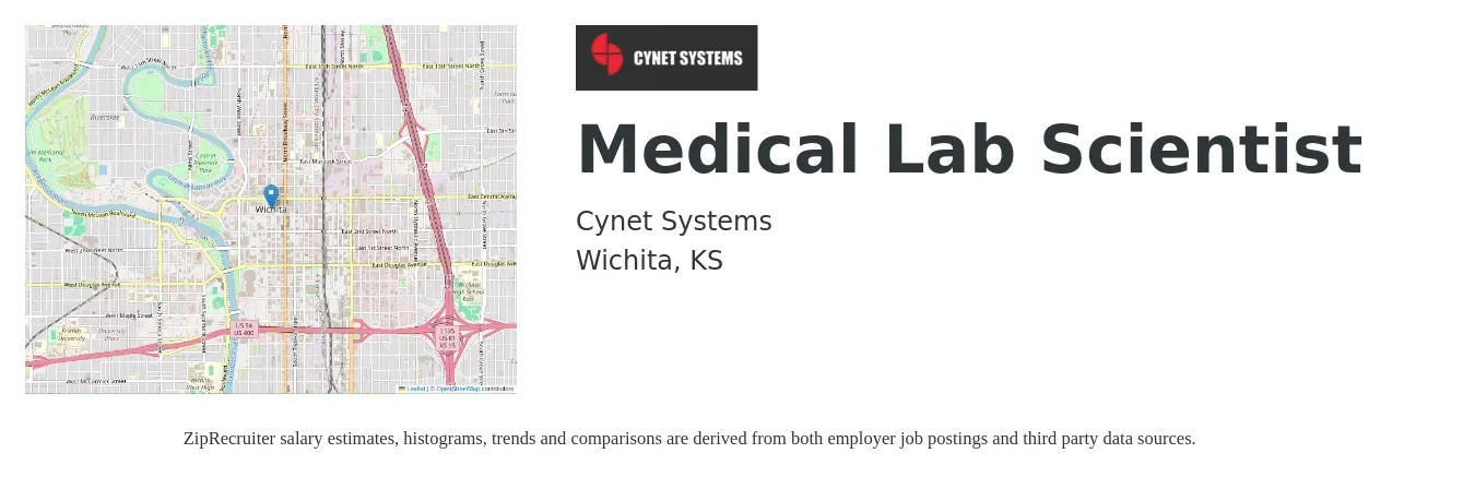 CYNET SYSTEMS job posting for a Medical Lab Scientist in Wichita, KS with a salary of $40,300 to $65,800 Yearly with a map of Wichita location.