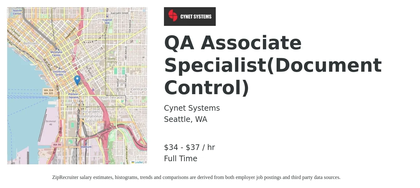 Cynet Systems job posting for a QA Associate Specialist(Document Control) in Seattle, WA with a salary of $36 to $39 Hourly with a map of Seattle location.