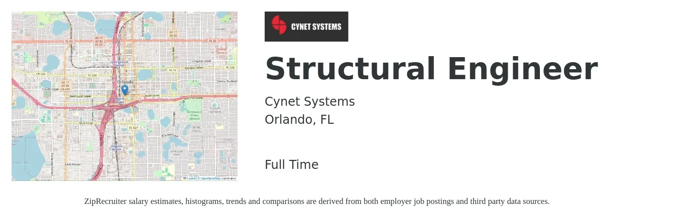 CYNET SYSTEMS job posting for a Structural Engineer in Orlando, FL with a salary of $74,700 to $105,500 Yearly with a map of Orlando location.