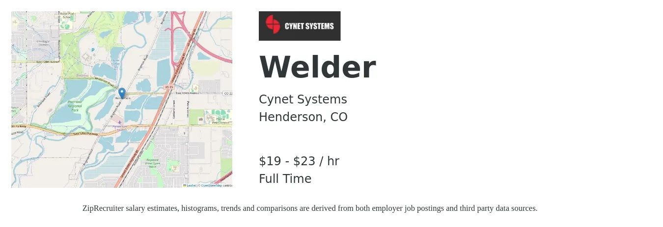 Cynet Systems job posting for a Welder in Henderson, CO with a salary of $21 to $25 Hourly with a map of Henderson location.