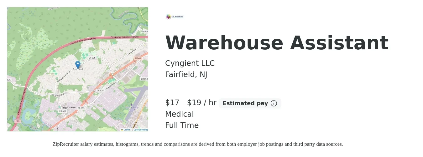Cyngient LLC job posting for a Warehouse Assistant in Fairfield, NJ with a salary of $18 to $20 Hourly and benefits including medical with a map of Fairfield location.