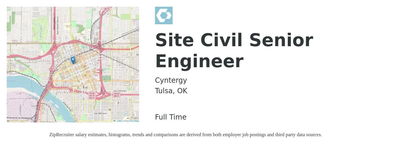 Cyntergy job posting for a Site Civil Senior Engineer in Tulsa, OK with a salary of $83,500 to $117,400 Yearly with a map of Tulsa location.