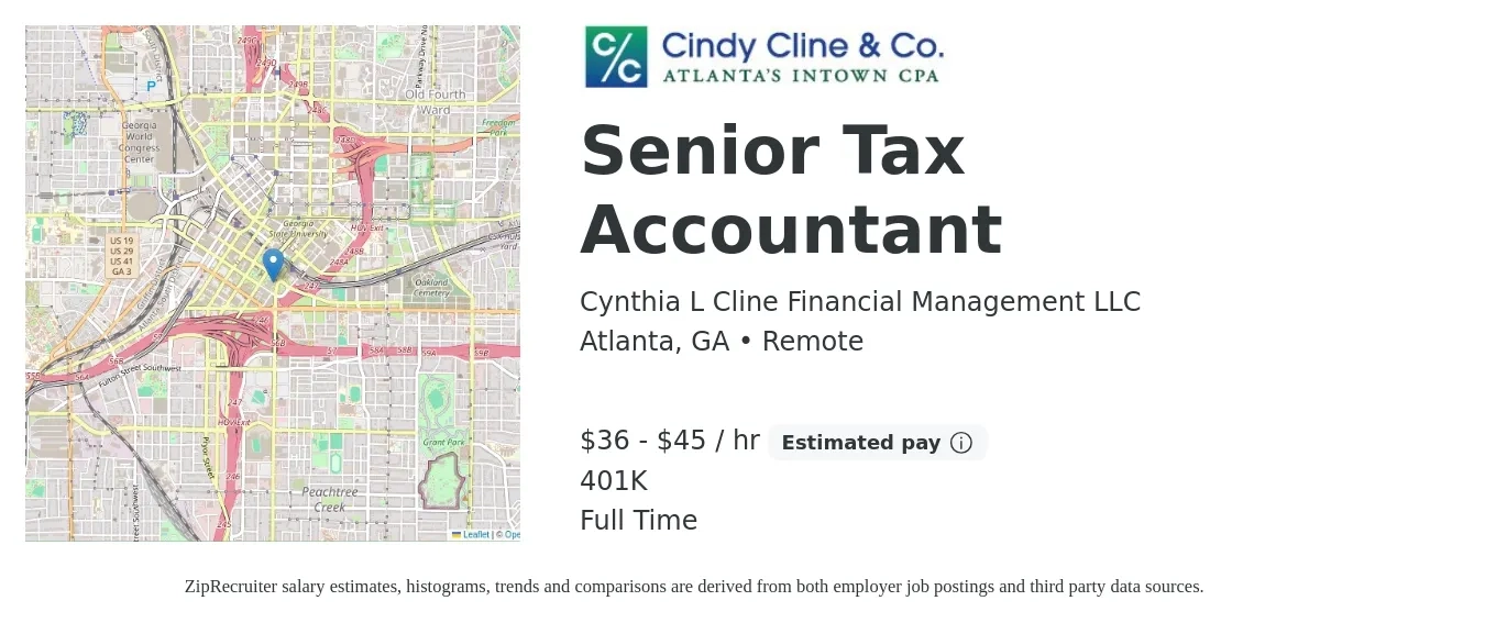 Cynthia L Cline Financial Management LLC job posting for a Senior Tax Accountant in Atlanta, GA with a salary of $38 to $48 Hourly and benefits including 401k with a map of Atlanta location.