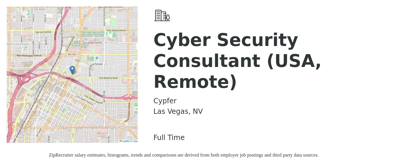 Cypfer job posting for a Cyber Security Consultant (USA, Remote) in Las Vegas, NV with a salary of $70,000 Yearly with a map of Las Vegas location.