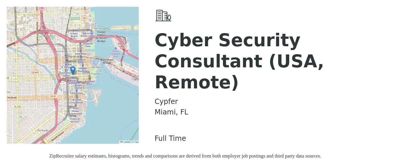 Cypfer job posting for a Cyber Security Consultant (USA, Remote) in Miami, FL with a salary of $70,000 Yearly with a map of Miami location.