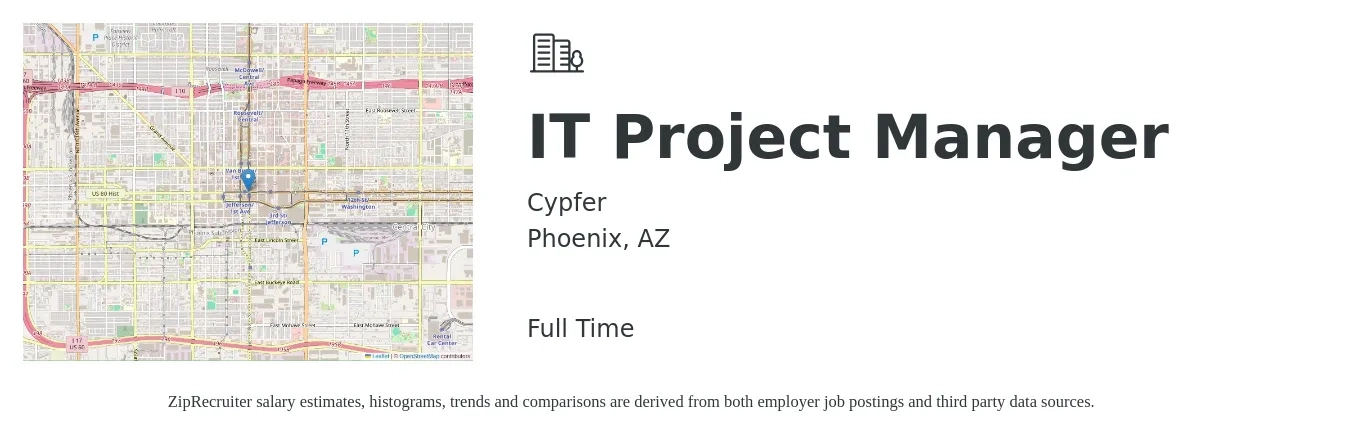 Cypfer job posting for a IT Project Manager in Phoenix, AZ with a salary of $70,000 to $80,000 Yearly with a map of Phoenix location.
