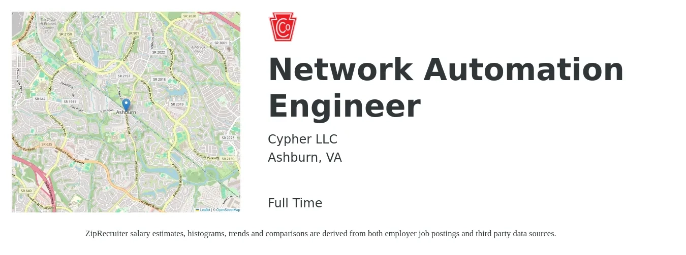 Cypher LLC job posting for a Network Automation Engineer in Ashburn, VA with a salary of $91,000 to $136,500 Yearly with a map of Ashburn location.