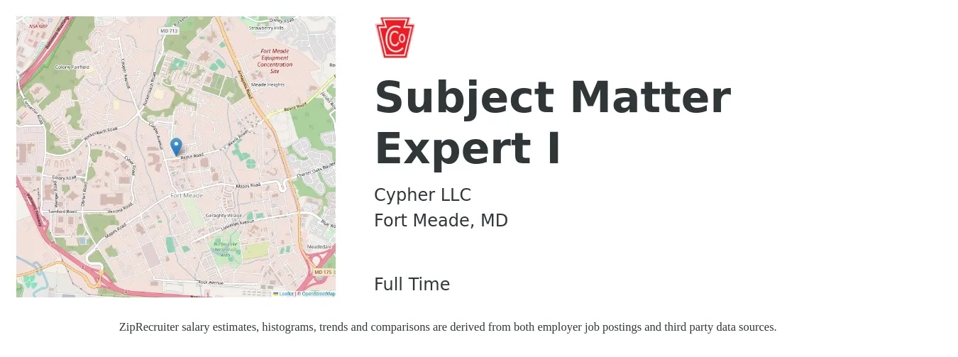 Cypher LLC job posting for a Subject Matter Expert I in Fort Meade, MD with a map of Fort Meade location.