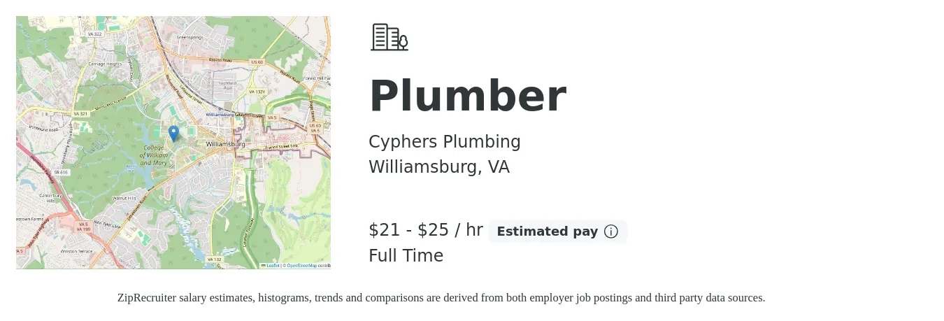 Cyphers Plumbing job posting for a Plumber in Williamsburg, VA with a salary of $22 to $27 Hourly with a map of Williamsburg location.