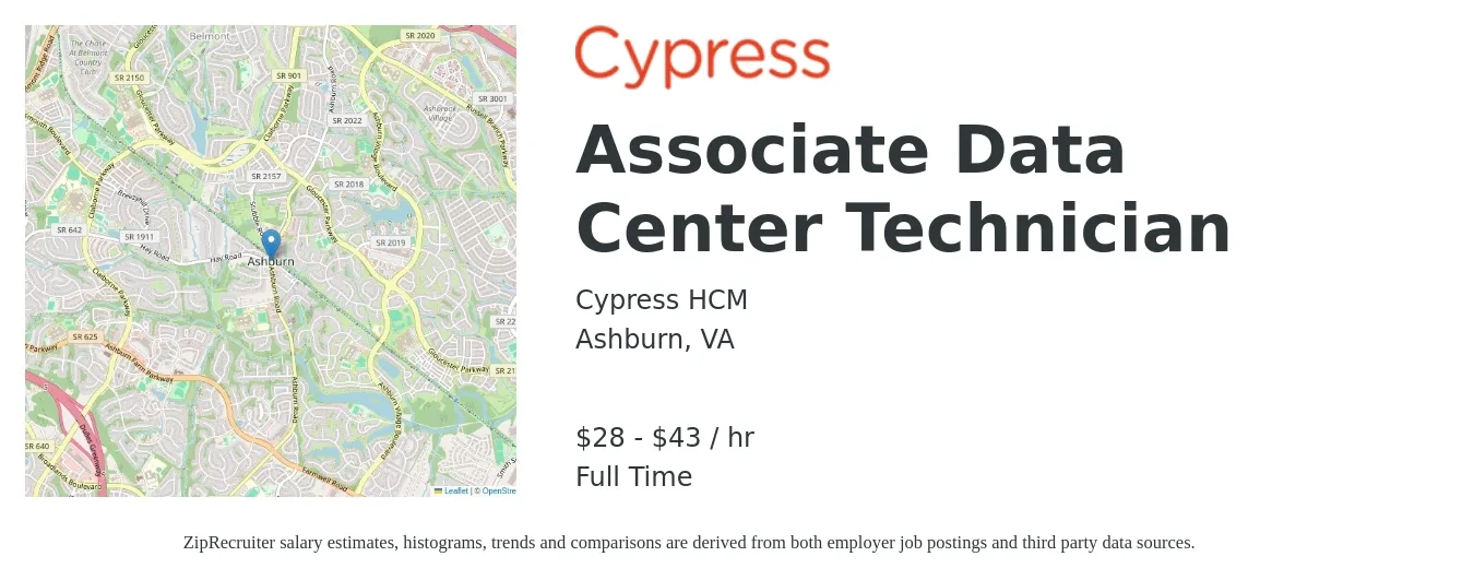 Cypress HCM job posting for a Associate Data Center Technician in Ashburn, VA with a salary of $30 to $45 Hourly with a map of Ashburn location.