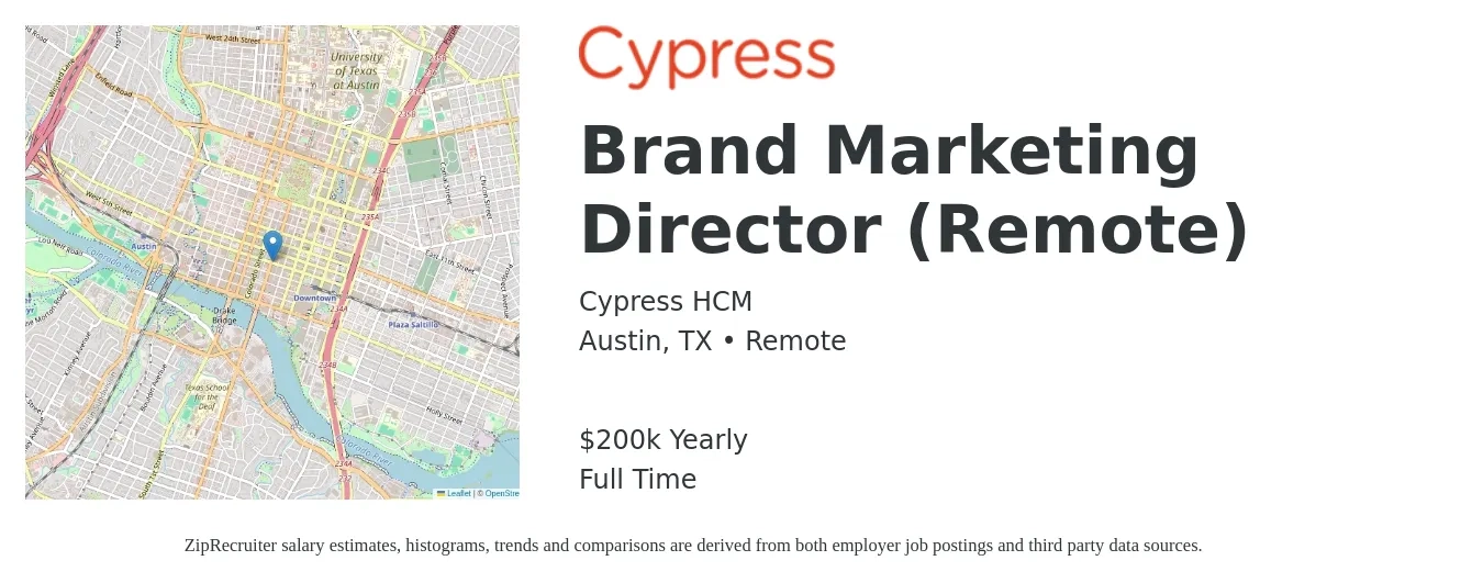 Cypress HCM job posting for a Brand Marketing Director (Remote) in Austin, TX with a salary of $200,000 Yearly with a map of Austin location.