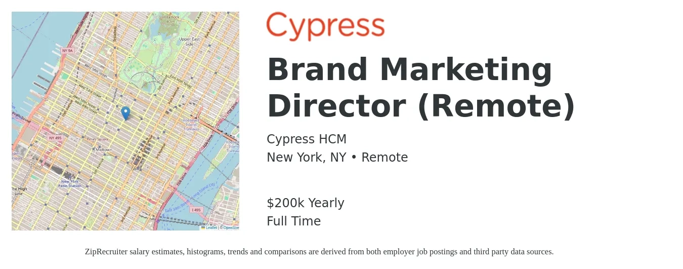 Cypress HCM job posting for a Brand Marketing Director (Remote) in New York, NY with a salary of $200,000 Yearly with a map of New York location.