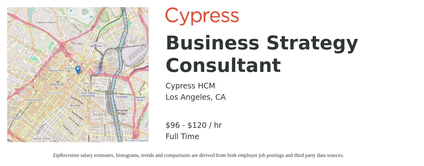 Cypress HCM job posting for a Business Strategy Consultant in Los Angeles, CA with a salary of $100 to $125 Hourly with a map of Los Angeles location.