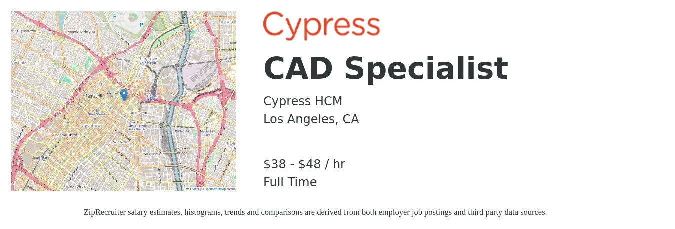 Cypress HCM job posting for a CAD Specialist in Los Angeles, CA with a salary of $40 to $50 Hourly with a map of Los Angeles location.