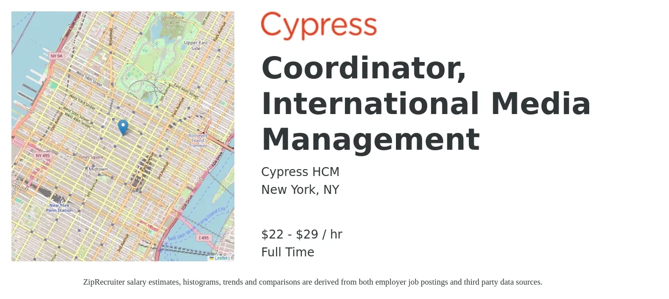 Cypress HCM job posting for a Coordinator, International Media Management in New York, NY with a salary of $23 to $31 Hourly with a map of New York location.