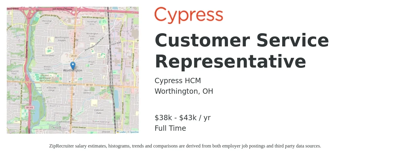 Cypress HCM job posting for a Customer Service Representative in Worthington, OH with a salary of $38,000 to $43,000 Yearly with a map of Worthington location.