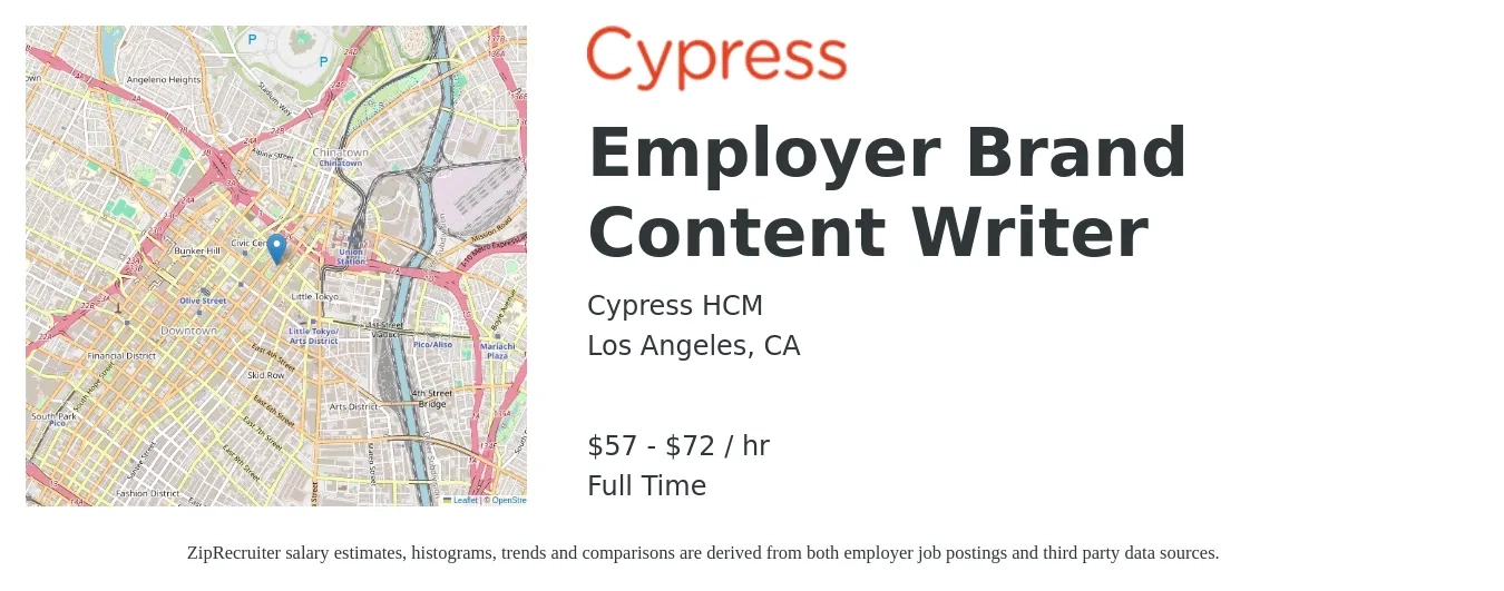 Cypress HCM job posting for a Employer Brand Content Writer in Los Angeles, CA with a salary of $60 to $75 Hourly with a map of Los Angeles location.