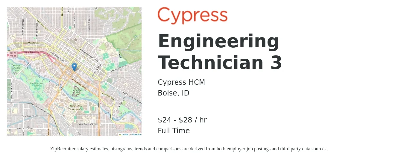 Cypress HCM job posting for a Engineering Technician 3 in Boise, ID with a salary of $25 to $30 Hourly with a map of Boise location.
