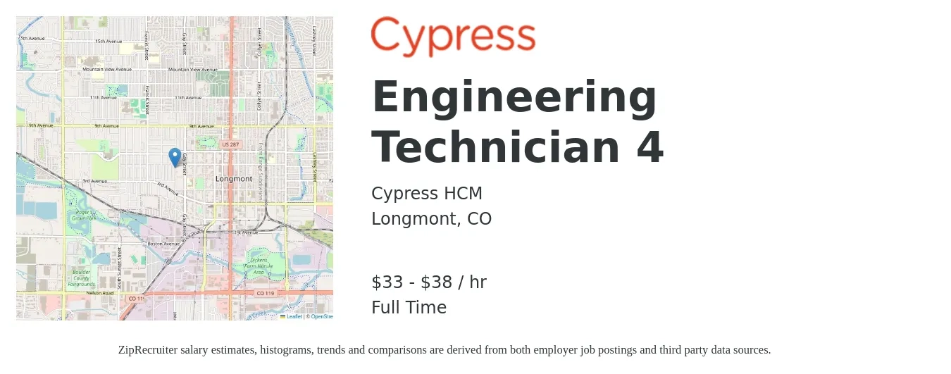 Cypress HCM job posting for a Engineering Technician 4 in Longmont, CO with a salary of $35 to $40 Hourly with a map of Longmont location.