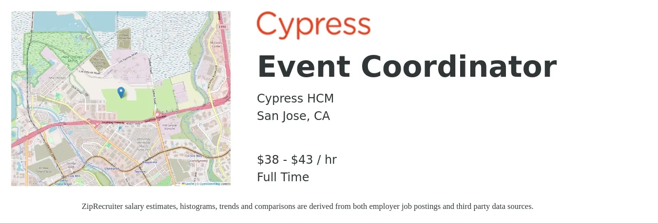 Cypress HCM job posting for a Event Coordinator in San Jose, CA with a salary of $40 to $45 Hourly with a map of San Jose location.