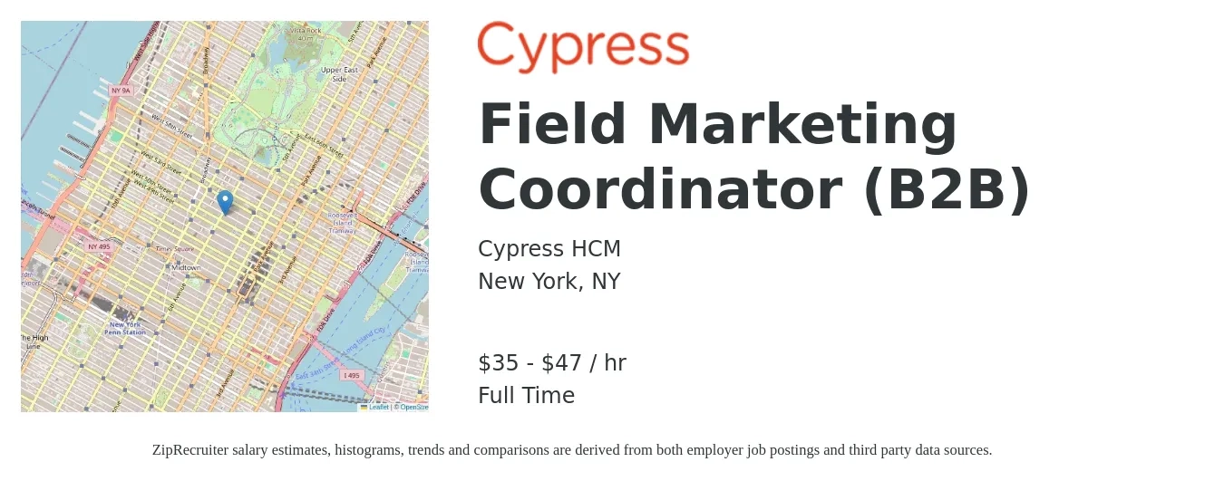 Cypress HCM job posting for a Field Marketing Coordinator (B2B) in New York, NY with a salary of $37 to $50 Hourly with a map of New York location.