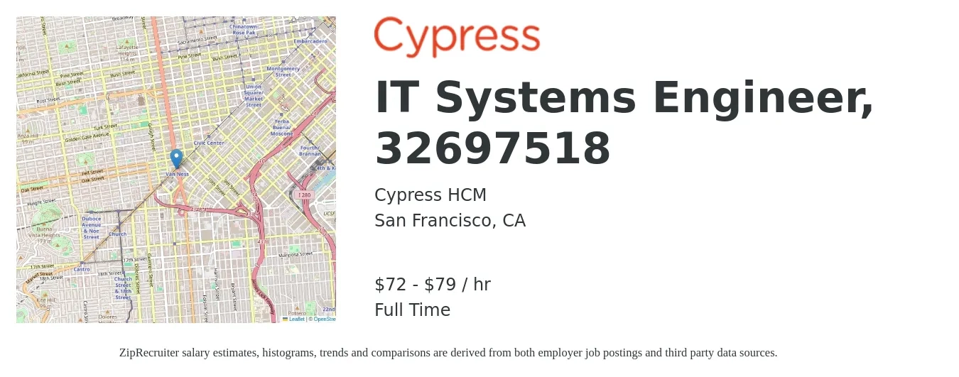 Cypress HCM job posting for a IT Systems Engineer, 32697518 in San Francisco, CA with a salary of $75 to $83 Hourly with a map of San Francisco location.