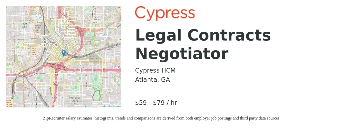 Cypress HCM job posting for a Legal Contracts Negotiator in Atlanta, GA with a salary of $62 to $83 Hourly with a map of Atlanta location.