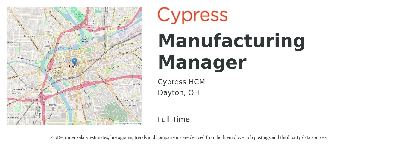Cypress HCM job posting for a Manufacturing Manager in Dayton, OH with a salary of $75,300 to $115,200 Yearly with a map of Dayton location.