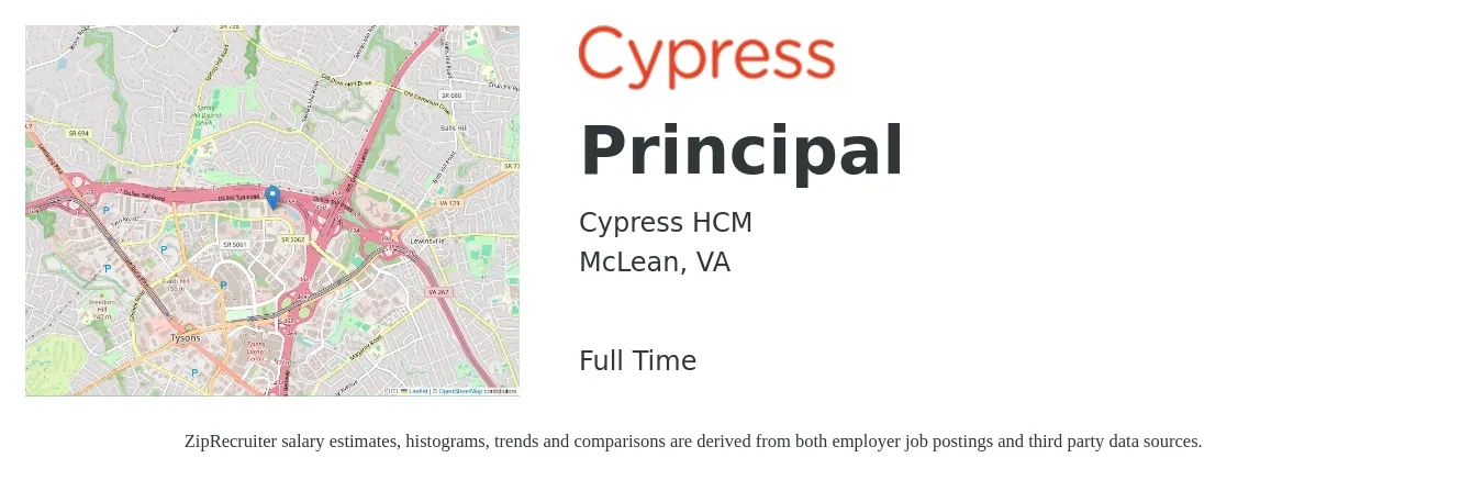 Cypress HCM job posting for a Principal in McLean, VA with a salary of $85,900 to $126,400 Yearly with a map of McLean location.