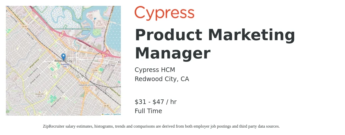 Cypress HCM job posting for a Product Marketing Manager in Redwood City, CA with a salary of $33 to $49 Hourly with a map of Redwood City location.