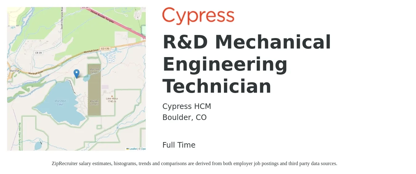 Cypress HCM job posting for a R&D Mechanical Engineering Technician in Boulder, CO with a salary of $59,100 to $94,900 Yearly with a map of Boulder location.