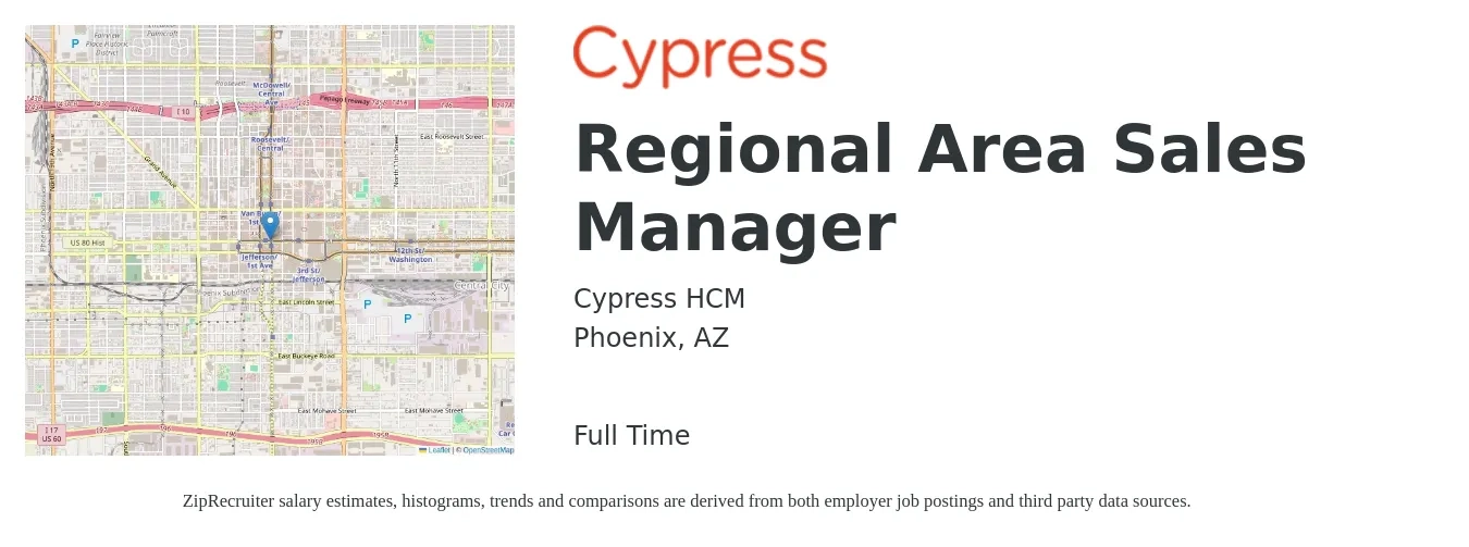 Cypress HCM job posting for a Regional Area Sales Manager in Phoenix, AZ with a salary of $71,500 to $111,700 Yearly with a map of Phoenix location.
